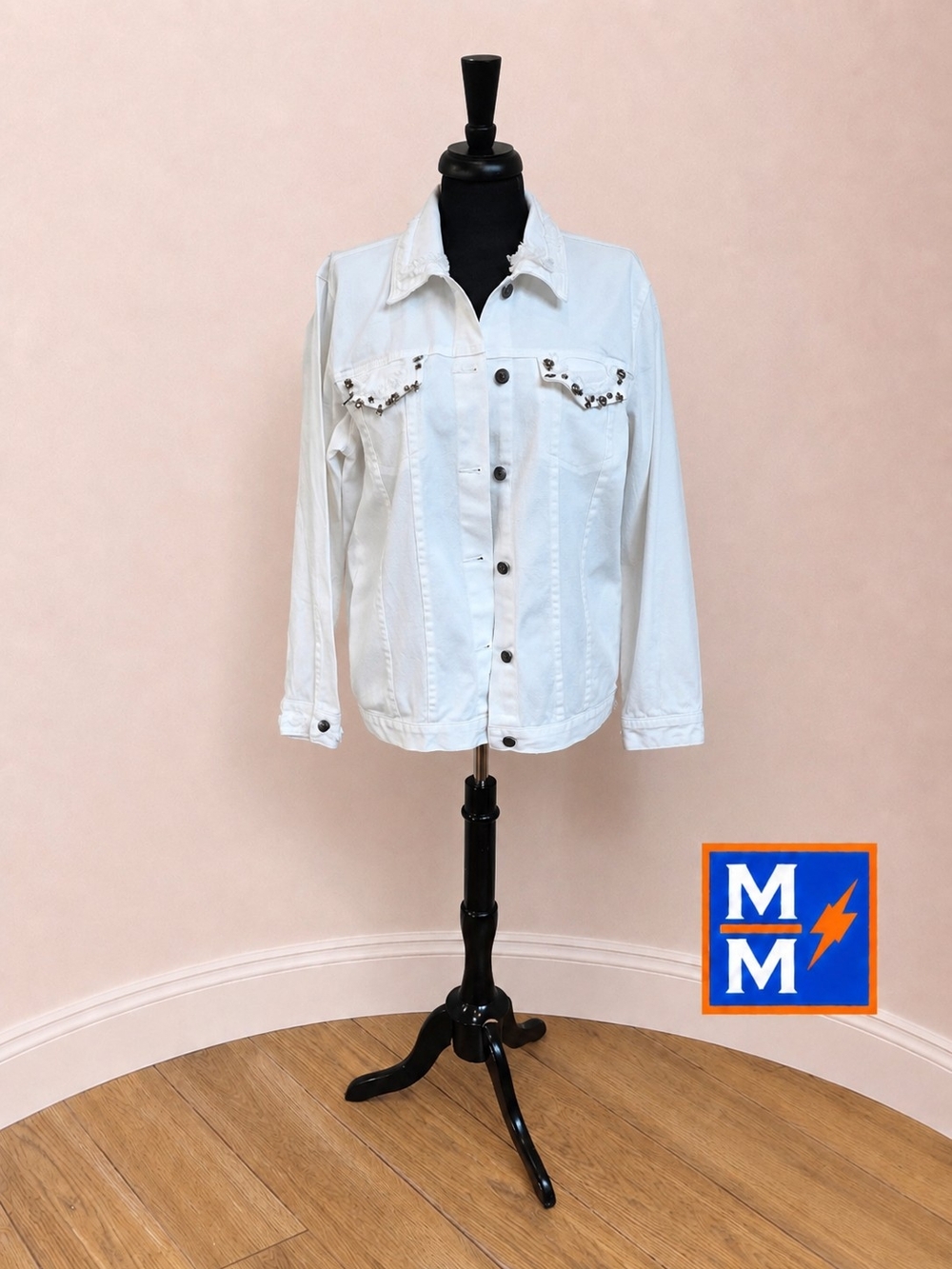Quacker Factory White Embellished Denim Jacket Frayed Trim Heart Back Medium